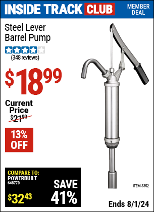 Inside Track Club members can Buy the Steel Lever Barrel Pump (Item 03352) for $18.99, valid through 8/1/2024.
