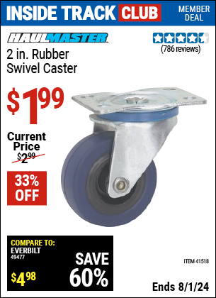 Inside Track Club members can Buy the CENTRAL MACHINERY 2 in. Rubber Light Duty Swivel Caster (Item 41518) for $1.99, valid through 8/1/2024.