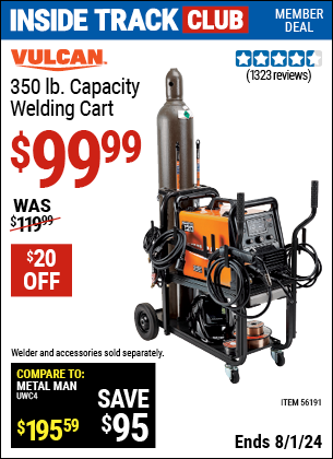 Inside Track Club members can Buy the VULCAN 350 lbs. Capacity Welding Cart (Item 56191) for $99.99, valid through 8/1/2024.