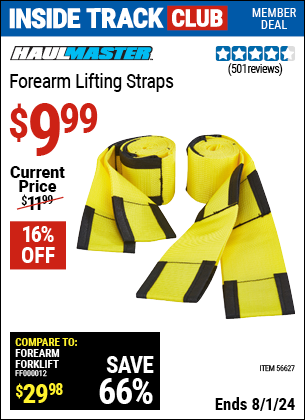 Inside Track Club members can Buy the HAUL-MASTER Forearm Lifting Straps (Item 56627) for $9.99, valid through 8/1/2024.