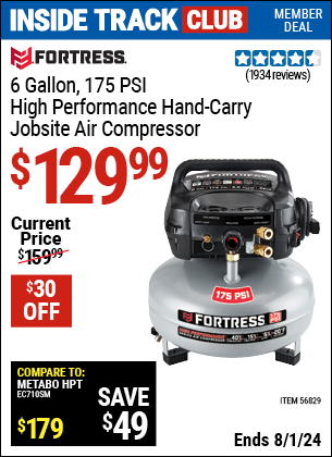 Inside Track Club members can Buy the FORTRESS 6 Gallon 175 PSI High Performance Hand Carry Jobsite Air Compressor (Item 56829) for $129.99, valid through 8/1/2024.