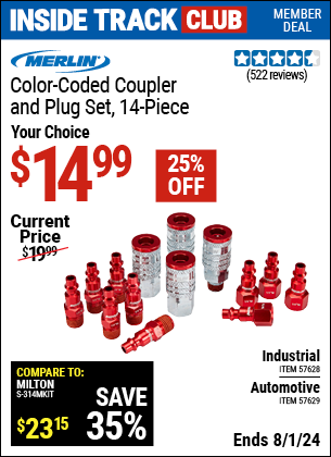 Inside Track Club members can Buy the MERLIN Color-Coded Industrial Coupler And Plug Kit, 14 Pc. (Item 57628/57629) for $14.99, valid through 8/1/2024.
