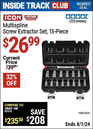 Inside Track Club members can Buy the ICON Multispline Screw Extractor Set (Item 59194) for $26.99, valid through 8/1/2024.