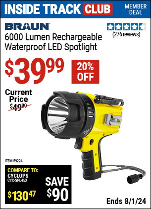 Inside Track Club members can Buy the BRAUN 6000 Lumen Rechargeable Waterpoof LED Spotlight (Item 59224) for $39.99, valid through 8/1/2024.