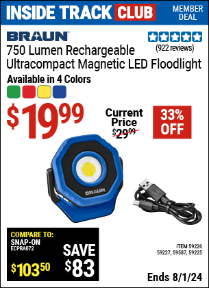 Inside Track Club members can Buy the BRAUN 750 Lumen LED Ultracompact Magnetic Rechargeable Floodlight, Red (Item 59227/59587/59226/59225) for $19.99, valid through 8/1/2024.
