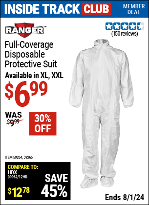 Inside Track Club members can Buy the RANGER Full Coverage Disposable Protective Suit, X-Large (Item 59264/59265) for $6.99, valid through 8/1/2024.