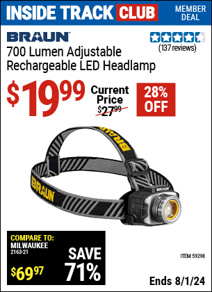 Inside Track Club members can Buy the BRAUN 700 Lumen Adjustable Rechargeable LED Headlamp (Item 59298) for $19.99, valid through 8/1/2024.
