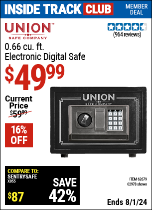 Inside Track Club members can Buy the UNION SAFE COMPANY 0.66 cu. ft. Electronic Digital Safe (Item 62978/62679) for $49.99, valid through 8/1/2024.