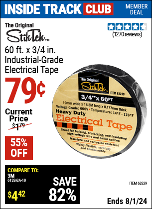 Inside Track Club members can Buy the STIKTEK 3/4 in x 60 ft. Industrial Grade Electrical Tape (Item 63239) for $0.79, valid through 8/1/2024.
