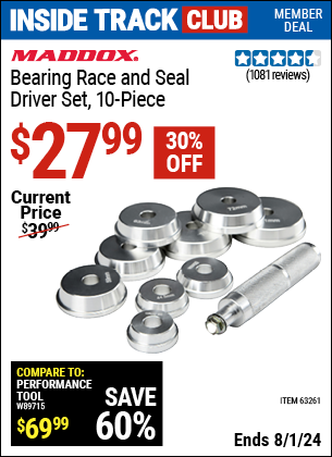 Inside Track Club members can Buy the MADDOX Bearing Race and Seal Driver Set 10 Pc. (Item 63261) for $27.99, valid through 8/1/2024.