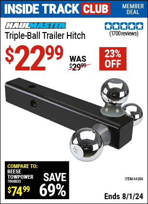 Inside Track Club members can Buy the HAUL-MASTER Triple Ball Trailer Hitch (Item 64286) for $22.99, valid through 8/1/2024.