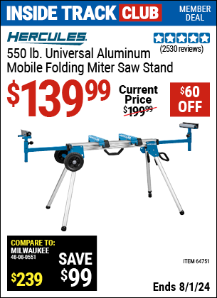 Inside Track Club members can Buy the HERCULES 550 lb. Universal Aluminum Mobile Folding Miter Saw Stand (Item 64751) for $139.99, valid through 8/1/2024.