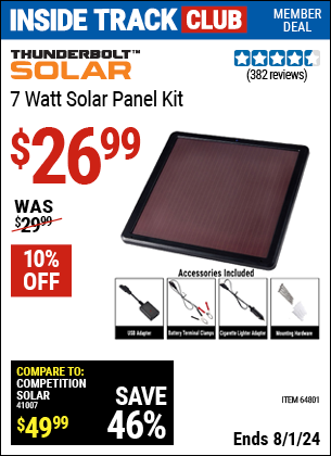 Inside Track Club members can Buy the THUNDERBOLT 7 Watt Solar Panel Kit (Item 64801) for $26.99, valid through 8/1/2024.