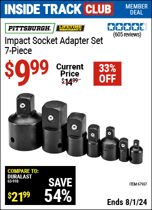 Inside Track Club members can Buy the PITTSBURGH Impact Socket Adapter Set, 7 Pc. (Item 67937) for $9.99, valid through 8/1/2024.