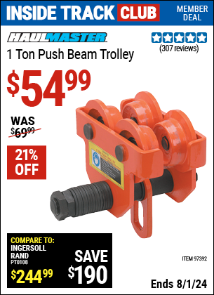 Inside Track Club members can Buy the HAUL-MASTER 1 Ton Push Beam Trolley (Item 97392) for $54.99, valid through 8/1/2024.