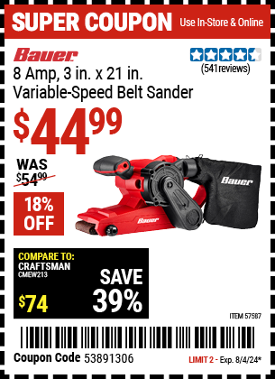 Buy the BAUER 8 Amp 3 in. X 21 in. Variable Speed Belt Sander (Item 57587) for $44.99, valid through 8/4/2024.