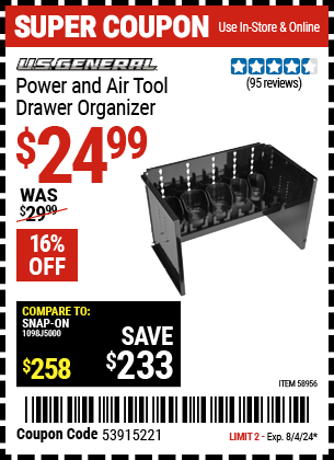 Buy the U.S. GENERAL Power and Air Tool Drawer Organizer (Item 58956) for $24.99, valid through 8/4/2024.
