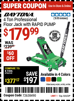 Buy the DAYTONA 4 Ton Professional Rapid Pump Floor Jack (Item 56640/64201/64782/56263/64786) for $179.99, valid through 8/4/2024.
