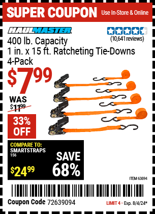 Buy the HAUL-MASTER 400 lb. Capacity, 1 in. x 15 ft. Ratcheting Tie Downs, 4-Pack (Item 63094) for $7.99, valid through 8/4/2024.
