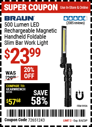 Buy the BRAUN 500 Lumen LED Rechargeable Magnetic Handheld Foldable Slim Bar Work Light (Item 59536) for $23.99, valid through 8/4/2024.