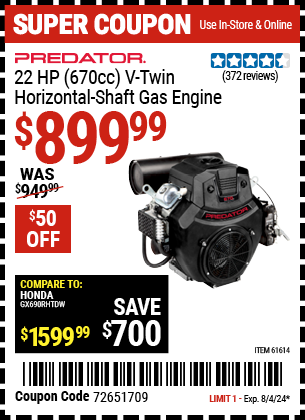 Buy the PREDATOR 22 HP (670cc) V-Twin Horizontal Shaft Gas Engine (Item 61614) for $899.99, valid through 8/4/2024.