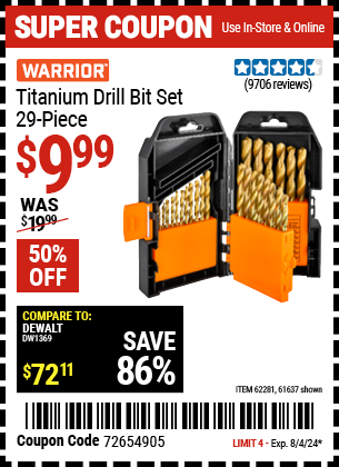 Buy the WARRIOR Titanium Drill Bit Set 29 Pc (Item 61637/62281) for $9.99, valid through 8/4/2024.