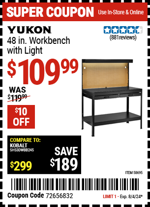 Buy the YUKON 48 in. Workbench with Light (Item 58695) for $109.99, valid through 8/4/2024.