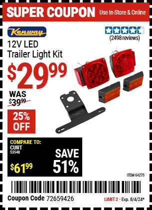 Buy the KENWAY 12 Volt LED Trailer Light Kit (Item 64275) for $29.99, valid through 8/4/2024.