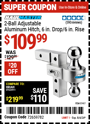 Buy the HAUL-MASTER 2-Ball Adjustable Aluminum Hitch, 6 in. Drop / 6 in. Rise (Item 57417) for $109.99, valid through 8/4/2024.