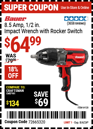 Buy the BAUER 8.5 Amp, 1/2 in. Variable Speed Extreme Torque Impact Wrench with Rocker Switch (Item 64120) for $64.99, valid through 8/4/2024.