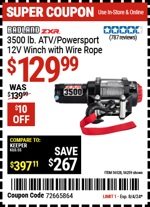 Buy the BADLAND ZXR 3500 lb. ATV/Powersport 12V Winch With Wire Rope (Item 56259/56528) for $129.99, valid through 8/4/2024.