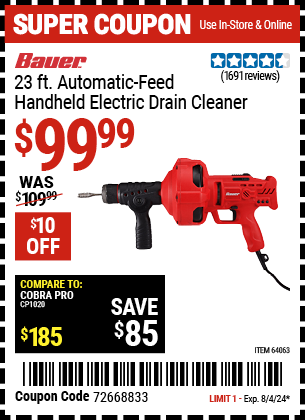 Buy the BAUER 23 ft. Auto-Feed Handheld Electric Drain Cleaner (Item 64063) for $99.99, valid through 8/4/2024.