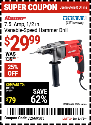 Buy the BAUER 7.5 Amp, 1/2 in. Variable-Speed Hammer Drill/Driver (Item 56404/56686) for $29.99, valid through 8/4/2024.