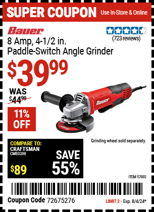 Buy the BAUER Corded 4-1/2 in. 8 Amp Paddle Switch Angle Grinder With Tool-Free Guard (Item 57002) for $39.99, valid through 8/4/2024.