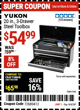 Buy the YUKON 20 in. 3 Drawer Steel Toolbox (Item 57582) for $54.99, valid through 8/4/2024.
