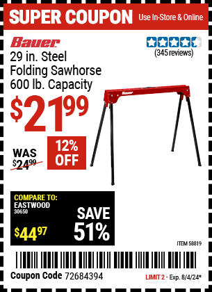 Buy the BAUER 600 lb. Capacity Folding Steel Sawhorse (Item 58819) for $21.99, valid through 8/4/2024.
