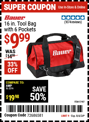Buy the BAUER 16 in. Tool Bag With 6 Pockets (Item 57487) for $9.99, valid through 8/4/2024.