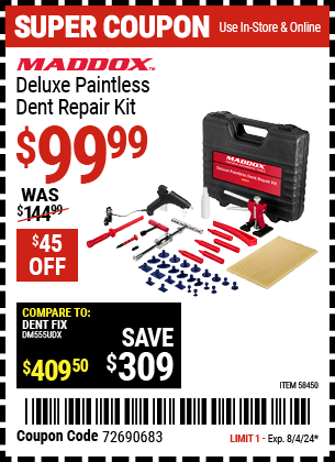 Buy the MADDOX Deluxe Paintless Dent Repair Kit (Item 58450) for $99.99, valid through 8/4/2024.