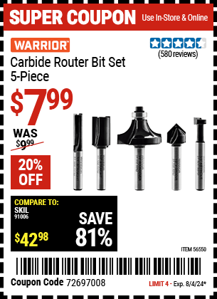 Buy the WARRIOR Carbide Router Bit Set, 5 Piece (Item 56550) for $7.99, valid through 8/4/2024.