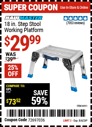 Buy the HAUL-MASTER 18 in. Working Platform Step Stool (Item 66911) for $29.99, valid through 8/4/2024.