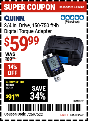 Buy the QUINN 3/4 in. Drive Digital Torque Adapter (Item 58707) for $59.99, valid through 8/4/2024.