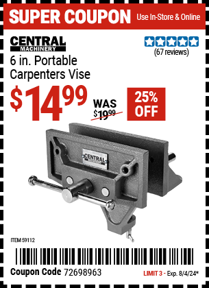 Buy the CENTRAL MACHINERY 6 in. Portable Carpenters Vise (Item 59112) for $14.99, valid through 8/4/2024.