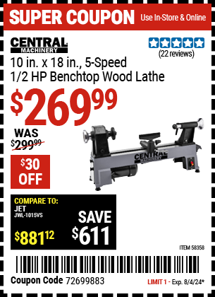 Buy the CENTRAL MACHINERY 10 in. x 18 in., 5-Speed, 1/2 HP Benchtop Wood Lathe (Item 58358) for $269.99, valid through 8/4/2024.