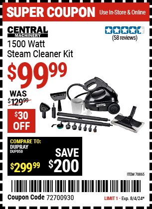 Buy the CENTRAL MACHINERY 1500 Watt Steam Cleaner Kit (Item 70065) for $99.99, valid through 8/4/2024.