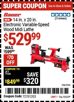 Buy the BAUER 14 in. x 20 in. Electronic Variable-Speed Wood Midi Lathe (Item 59583) for $529.99, valid through 8/4/2024.