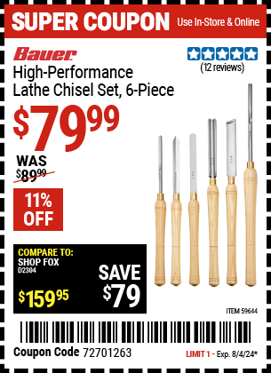 Buy the BAUER High-Performance Lathe Chisel Set, 6-Piece (Item 59644) for $79.99, valid through 8/4/2024.