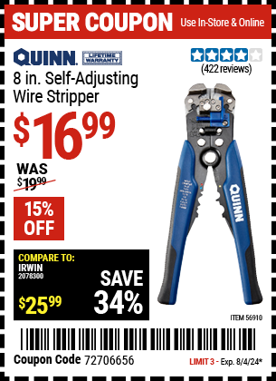 Buy the QUINN 8 In. Self Adjusting Wire Stripper (Item 56910) for $16.99, valid through 8/4/2024.