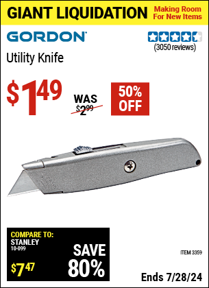 Buy the GORDON Retractable Utility Knife (Item 03359) for $1.49, valid through 7/28/2024.