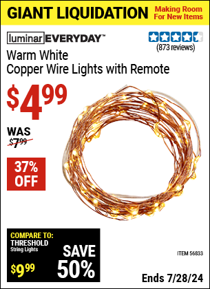 Buy the LUMINAR EVERYDAY Warm White Copper Wire Lights With Remote (Item 56833) for $4.99, valid through 7/28/2024.