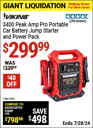 Buy the VIKING 3400 Peak Amp Pro Portable Jump Starter And Power Pack (Item 57084) for $299.99, valid through 7/28/2024.